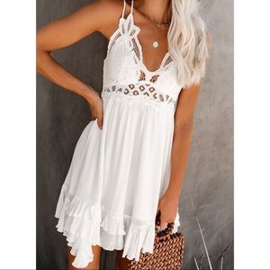 White Crochet Plunge V Neck Lace Dress